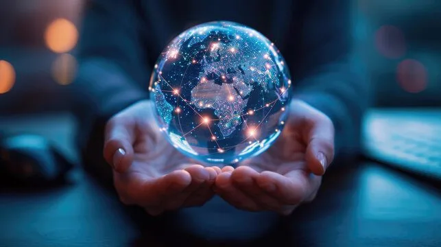 person holding small globe on the palm of their hand