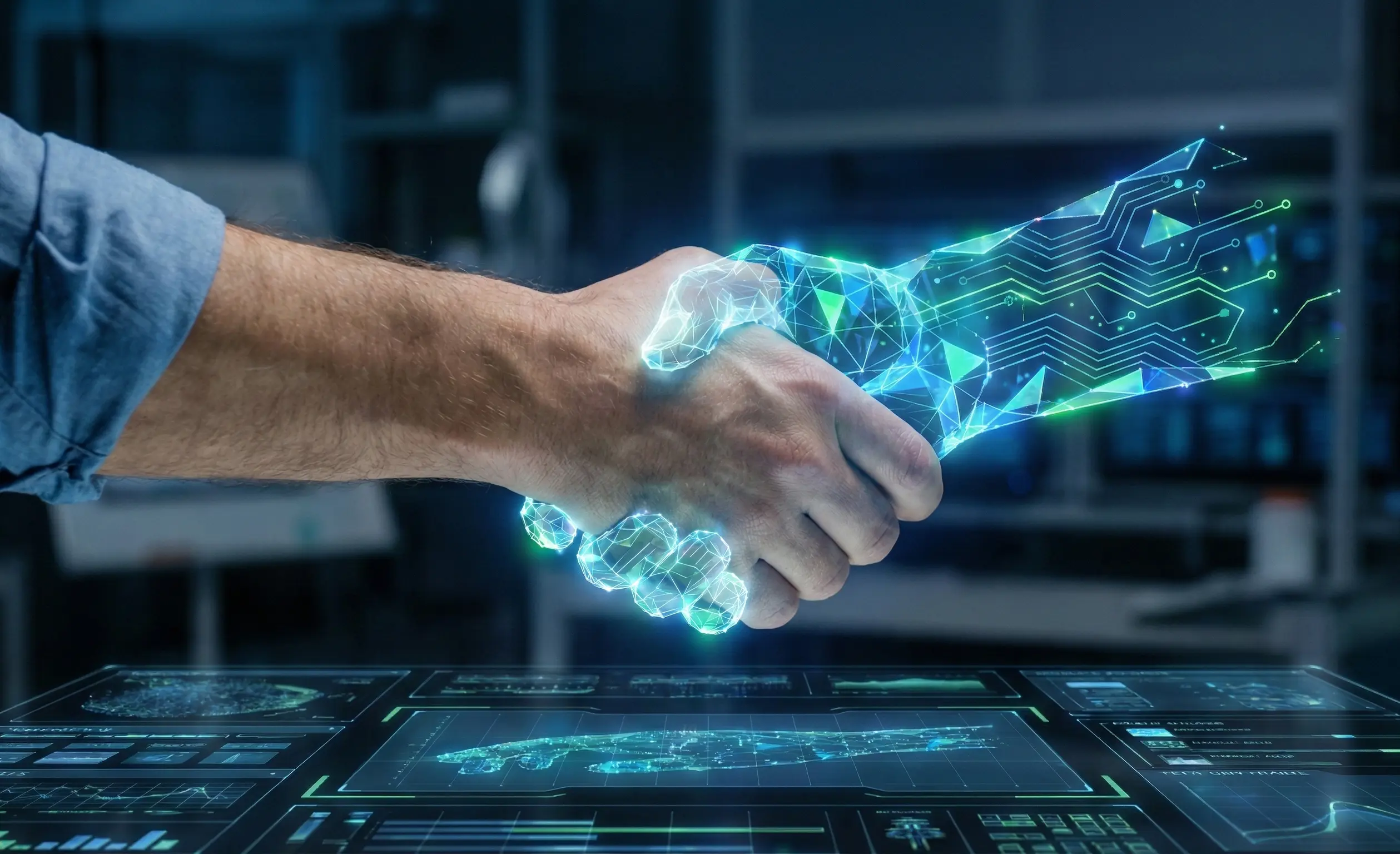 human hand shaking a digital hand